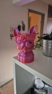 Det er et low poly fransk bulldog hoved med solbriller, som er en lampeskærm til en lille base med e14 fatning 😁 jeg har brugt ai + blender + tinkercad til at lave den og jeg har kun haft 3d printer i 30 dage, så det var ret svært !