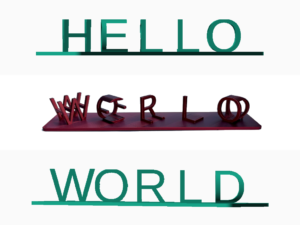 Jeg var en tur på et museum og så noget tekst der skrev forskellige ord alt efter vinklen. Dét måtte jeg kunne lave! Så jeg åbnede OpenSCAD og fik mig designet frem til en almen generator der kan lave ambigrammer :) Her er eksemplet med Hello World