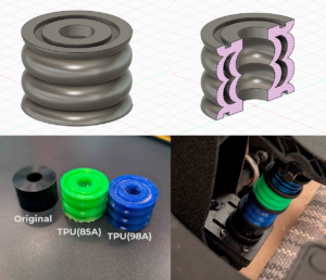Printet er erstatnings elastomers til nogle simracing pedaler, jeg havde svært ved at fintune trykket til bremsen med de dele der fulgte med, i stedet for at skulle købe en masse forskellige hårdheder fra producenten, designede jeg en elastomer der nemt kunne printes og hvor hårdhed styres af materialet, infill og væg tykkelse. Så jeg kunne få den bremse følelse jeg eftersøgte. Så lige nu er den let at trykke ned i starten, men bliver gradvist hårdere. Disse er printet med KongFuFlex i TPU85A og TPU98A
