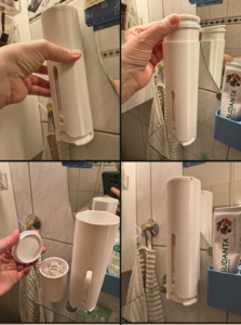 En vatrondel holder til at stå på hylden på badeværelset, eller til hænge på væggen med command strips, med plads til vat rondeller der kan tages ud enkeltvis i bunden, og en bøtte der passer i toppen til vat pinde og andet, og låg på. Man kan se i en smal åbning ned foran hvormange rondeller der er i.