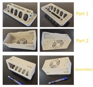 This is a light housing printed using ABS. The housing contains a halogen bulb and a reflector, where the temperature typically reaches between 100 °C and 150 °C. To manage this heat and prevent overheating, a fan is integrated into the design as part of the cooling system.